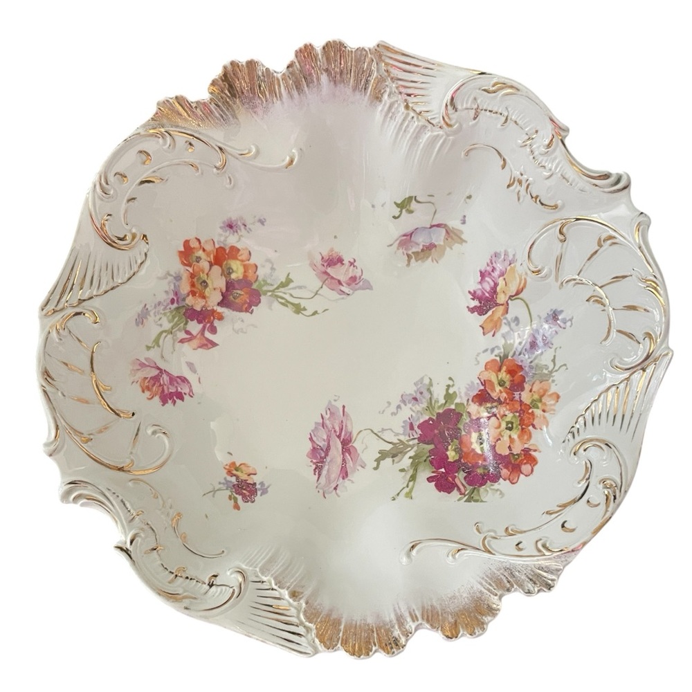 Antique German Porcelain China white/floral gold scalloped edge serving bowl